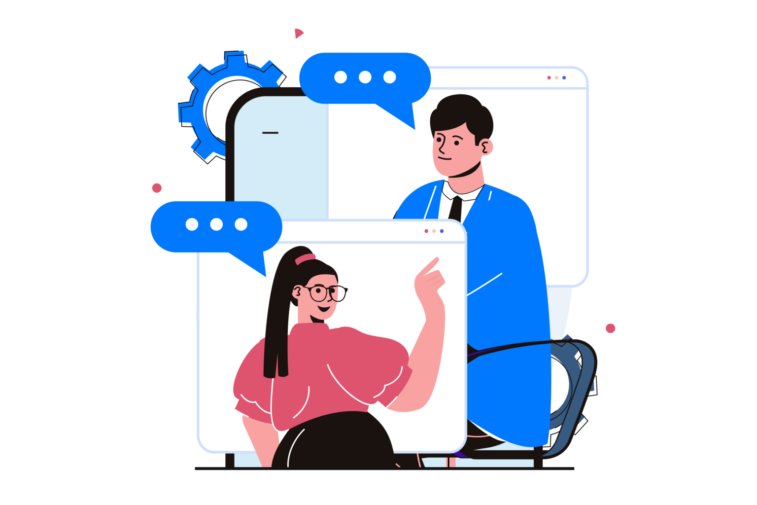 Bluvize – IT-Beratung für Unternehmen: Moderne Illustration zeigt eine digitale Beratungssituation mit zwei Fachkräften in einem virtuellen Meeting. Fokus auf individuelle IT-Lösungen, digitale Transformation und effiziente Geschäftsprozesse für KMUs.
