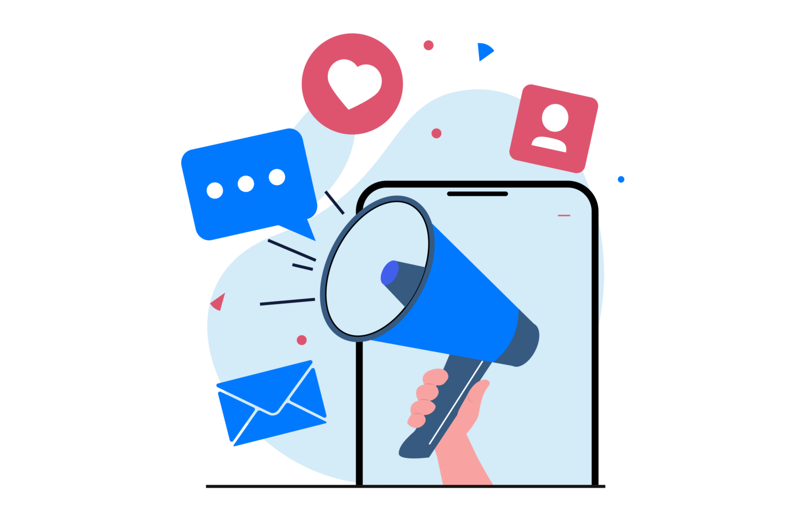 Bluvize – Social Media Marketing für Unternehmen: Illustration zeigt ein Megaphon, das aus einem Smartphone herausragt, um digitale Kommunikation, Markenreichweite und Online-Werbung darzustellen. Symbole für Nachrichten, Likes und Kommentare betonen effektive Social-Media-Strategien für mehr Engagement und Sichtbarkeit.