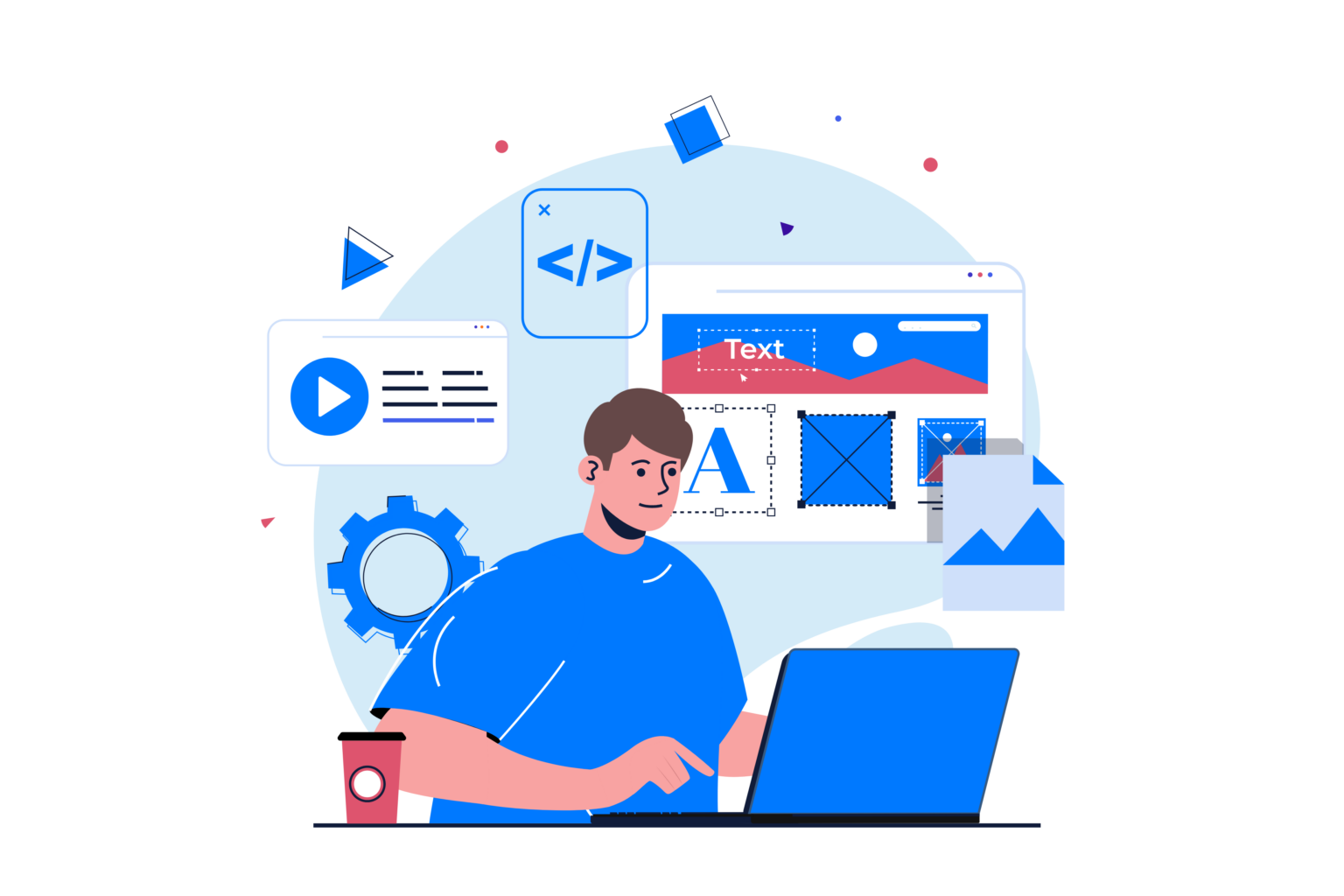 Professioneller Webauftritt und digitale Visitenkarte: Illustration zeigt einen Designer, der eine moderne Website erstellt, mit Elementen wie Text, Bildern und Code. Fokus auf benutzerfreundliches Webdesign, individuelle Online-Präsenz und optimierte Unternehmenswebsites.